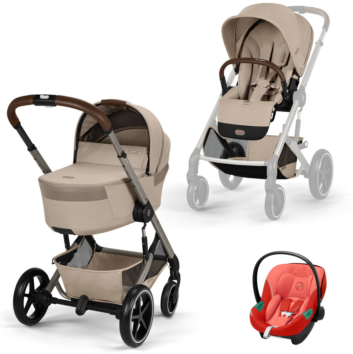 Коляска Cybex Balios S Lux Fold Cot TPE Aton S2 Hibiscus Red 3 в 1 Almond Beige с дождевиками