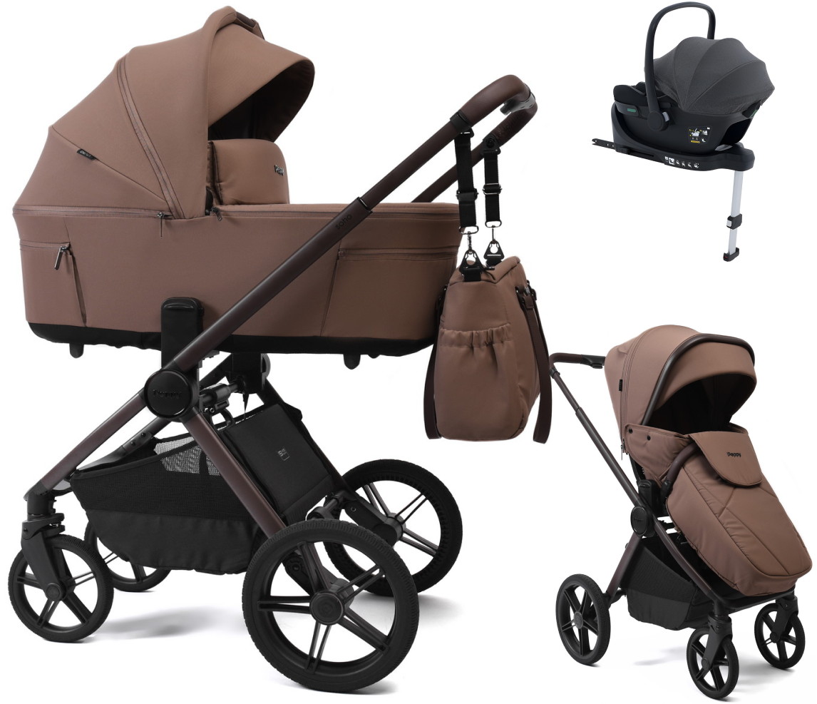 Детская коляска Peppy Soho 4 в 1 с автокреслом Jovikids Aria Black и базой Cappuccino (капучино) рама шоколад