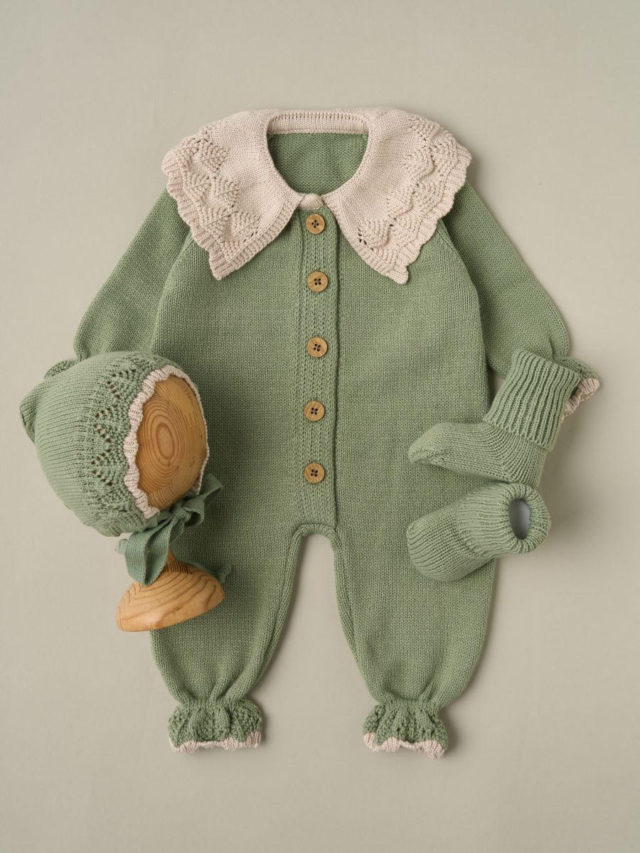 Комбинезон с воротником, чепчик, носочки Little Star Классик 807333 (ЧЗ-нк) серо-зеленый/светло-бежевый 62