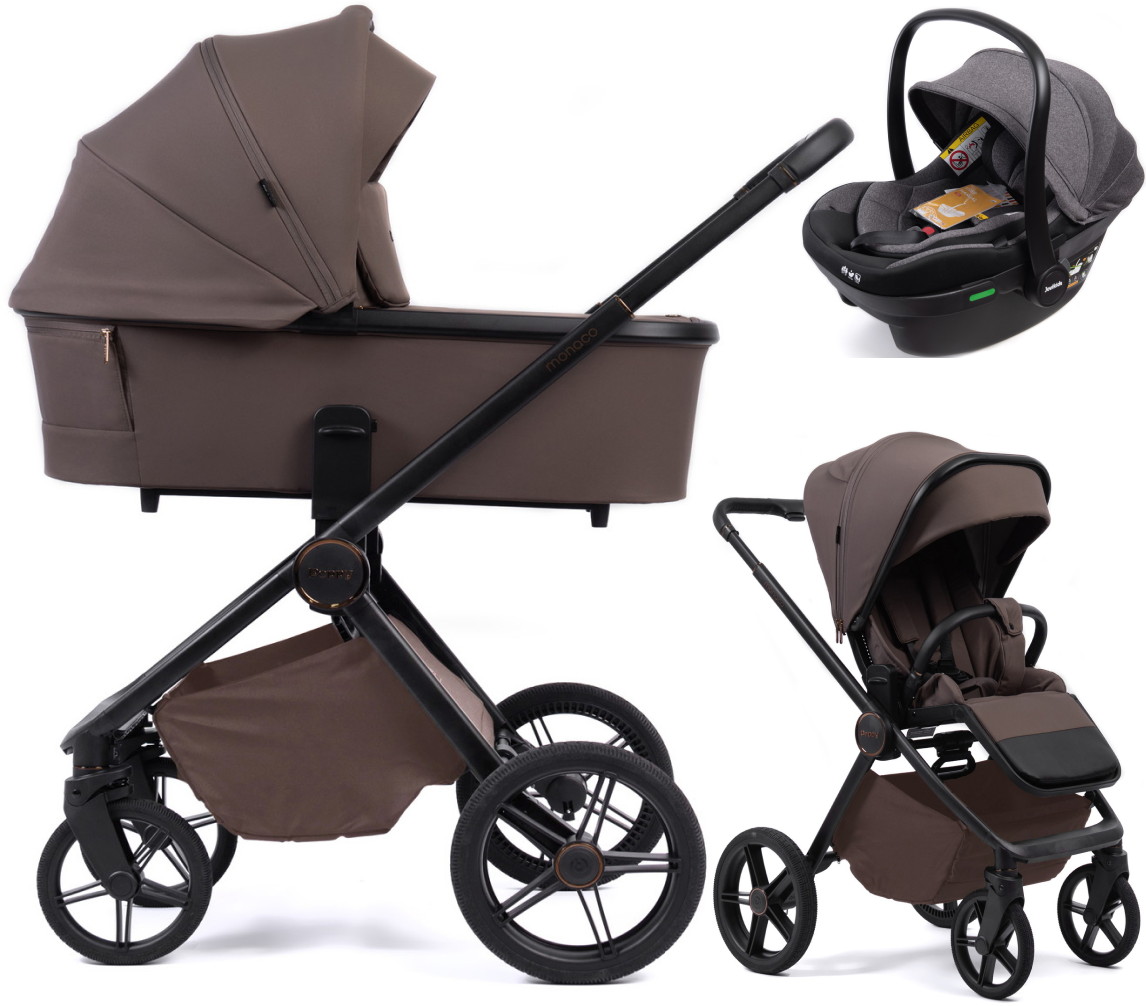Детская коляска Peppy Monaco Plus 3 в 1 с автокреслом Jovikids Aria Black Brownie (коричневый), рама черная