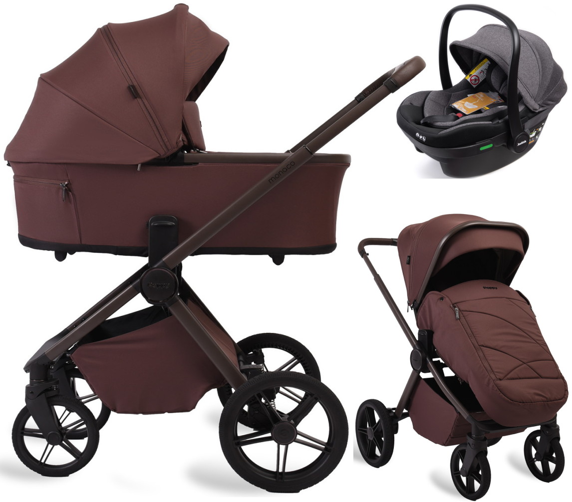 Детская коляска Peppy Monaco Plus 3 в 1 с автокреслом Jovikids Aria Black Burgundy (винный), рама коричневая