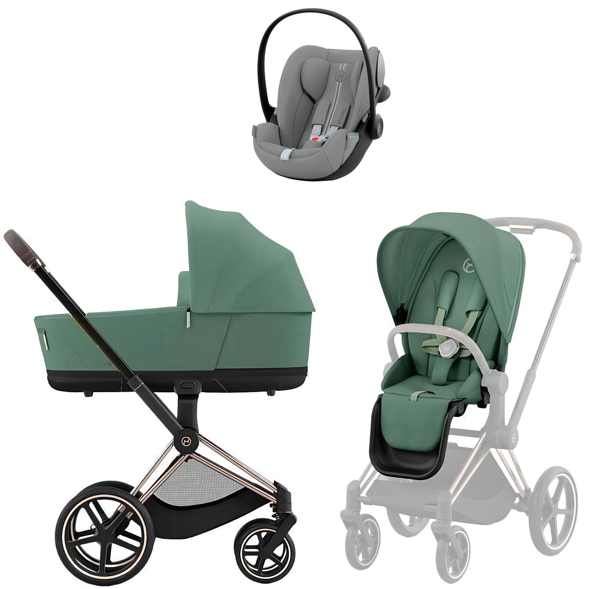 Коляска Cybex Priam IV Rosegold complete Cloud G3 Stone Grey Plus 3 в 1 Leaf Green