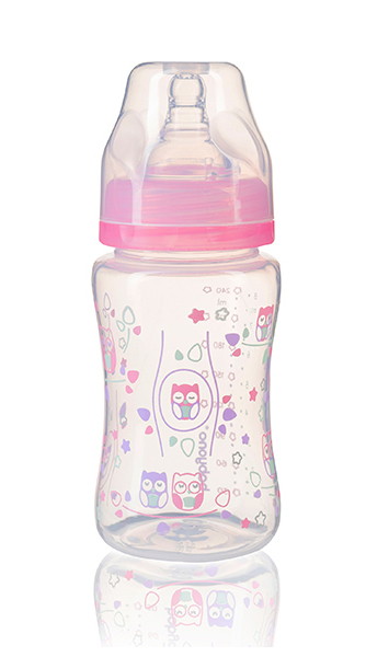 Бутылочка антиколиковая BabyOno c широким горлышком 240 мл розовый/совы