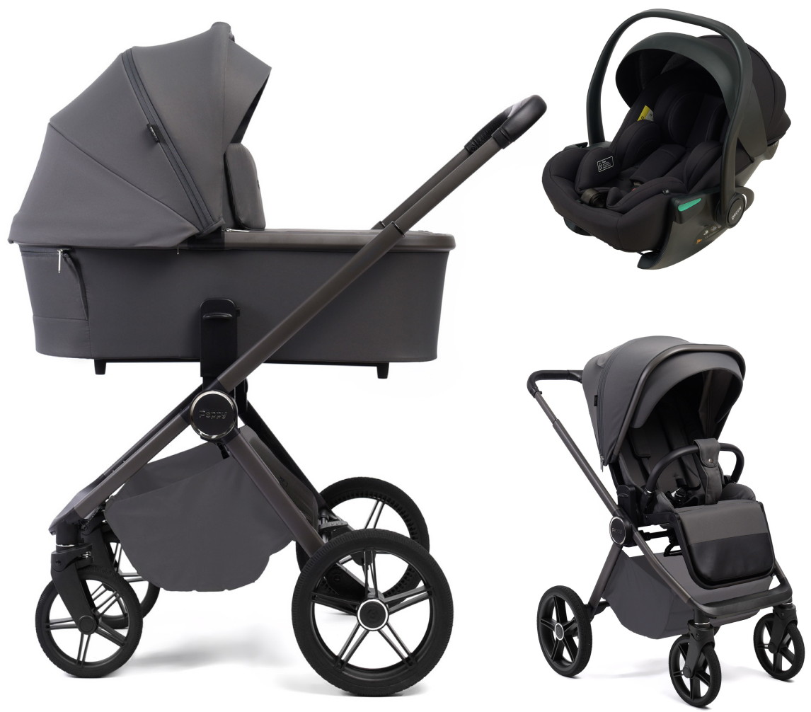 Детская коляска Peppy Monaco Plus 3 в 1 с автокреслом Jet Black Antrazit (графитовый), рама серая