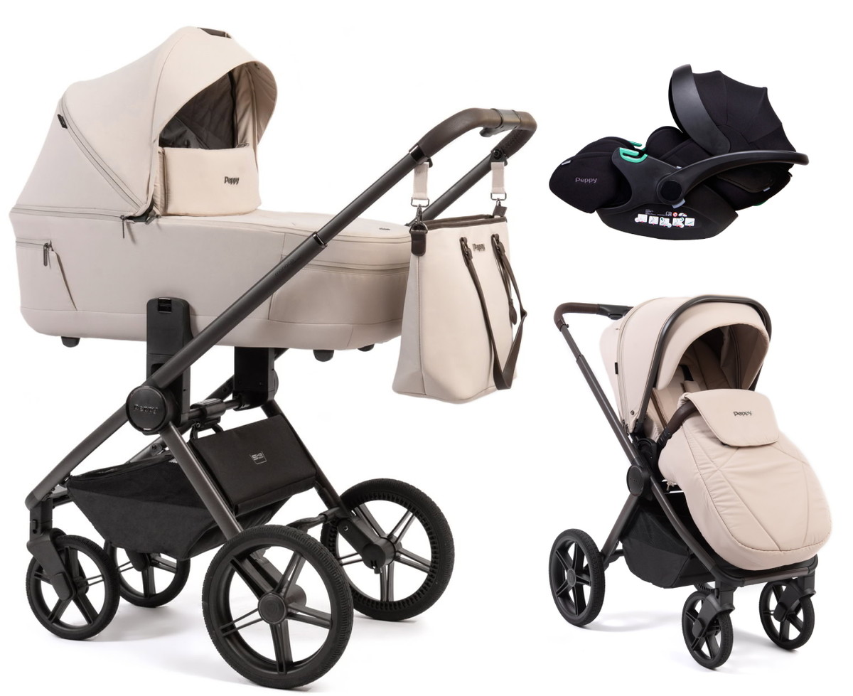 Детская коляска Peppy Monaco Thermo 3 в 1 с автокреслом Verona Black Beige (молочный), рама серо-коричневая