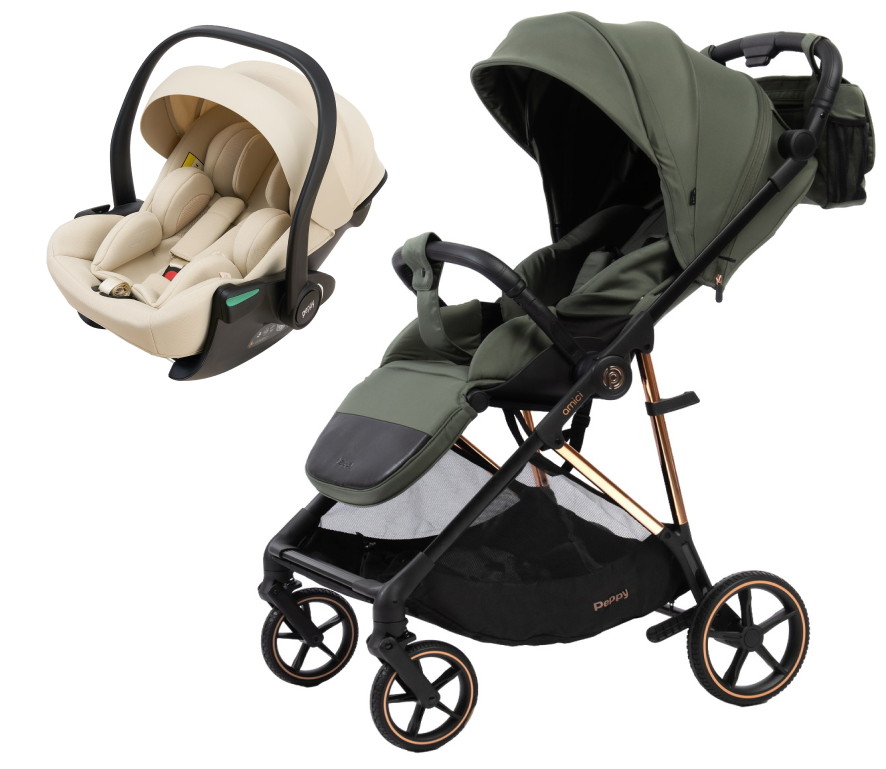 Прогулочная коляска Peppy Amici с автокреслом Jet Beige Green рама Gold