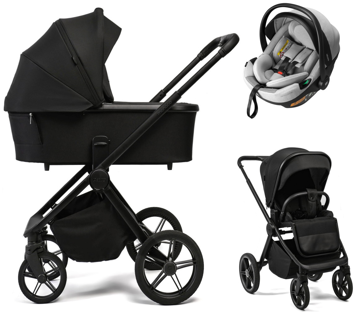Детская коляска Peppy Monaco Plus 3 в 1 с автокреслом Welldon Crown 2 Grey Black (черный), рама черная