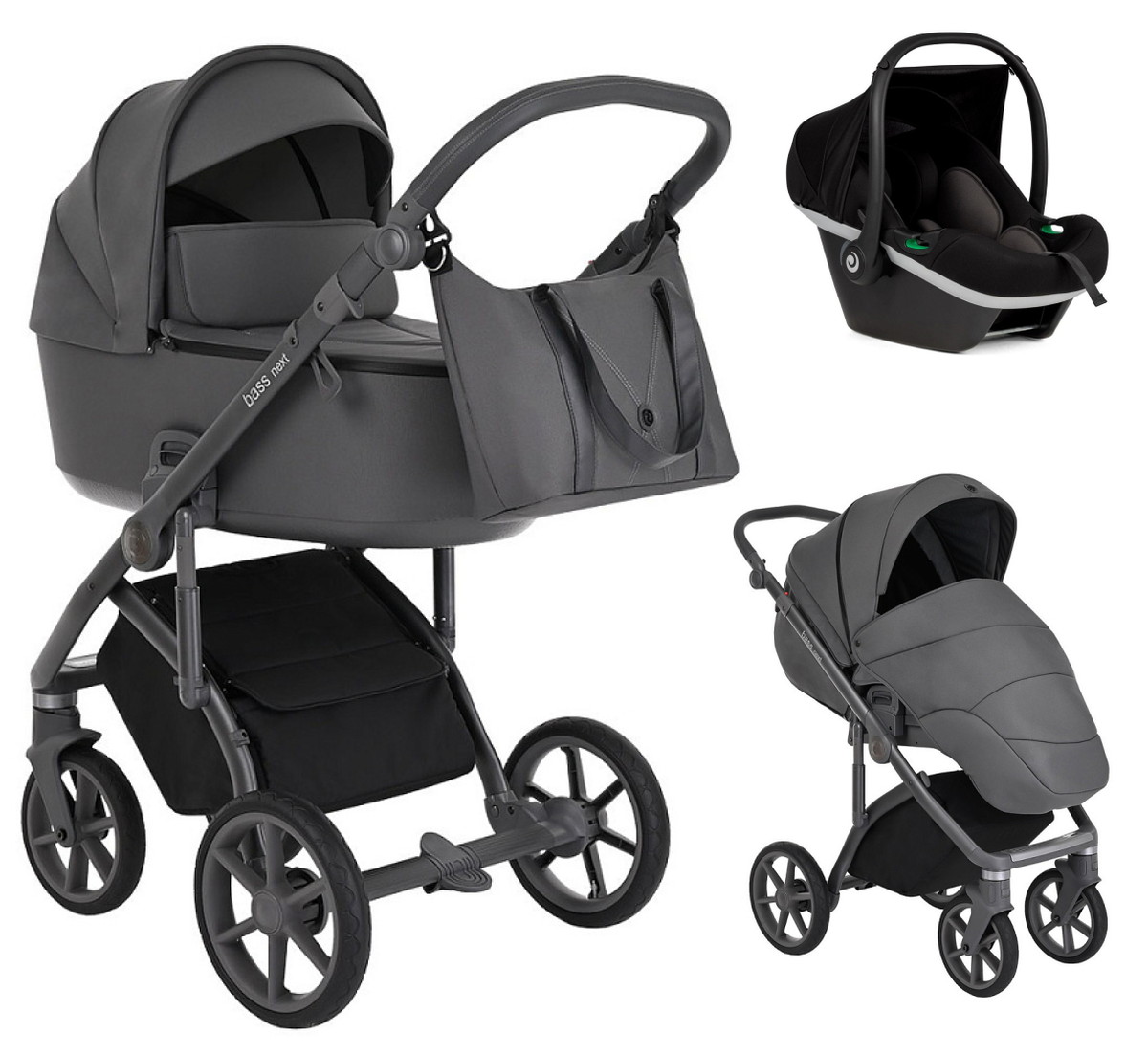 Детская коляска Roan Bass Next 3 в 1 с автокреслом Tutis Elo Black RN223/1 Steel Grey/Grey/ руч.Серый