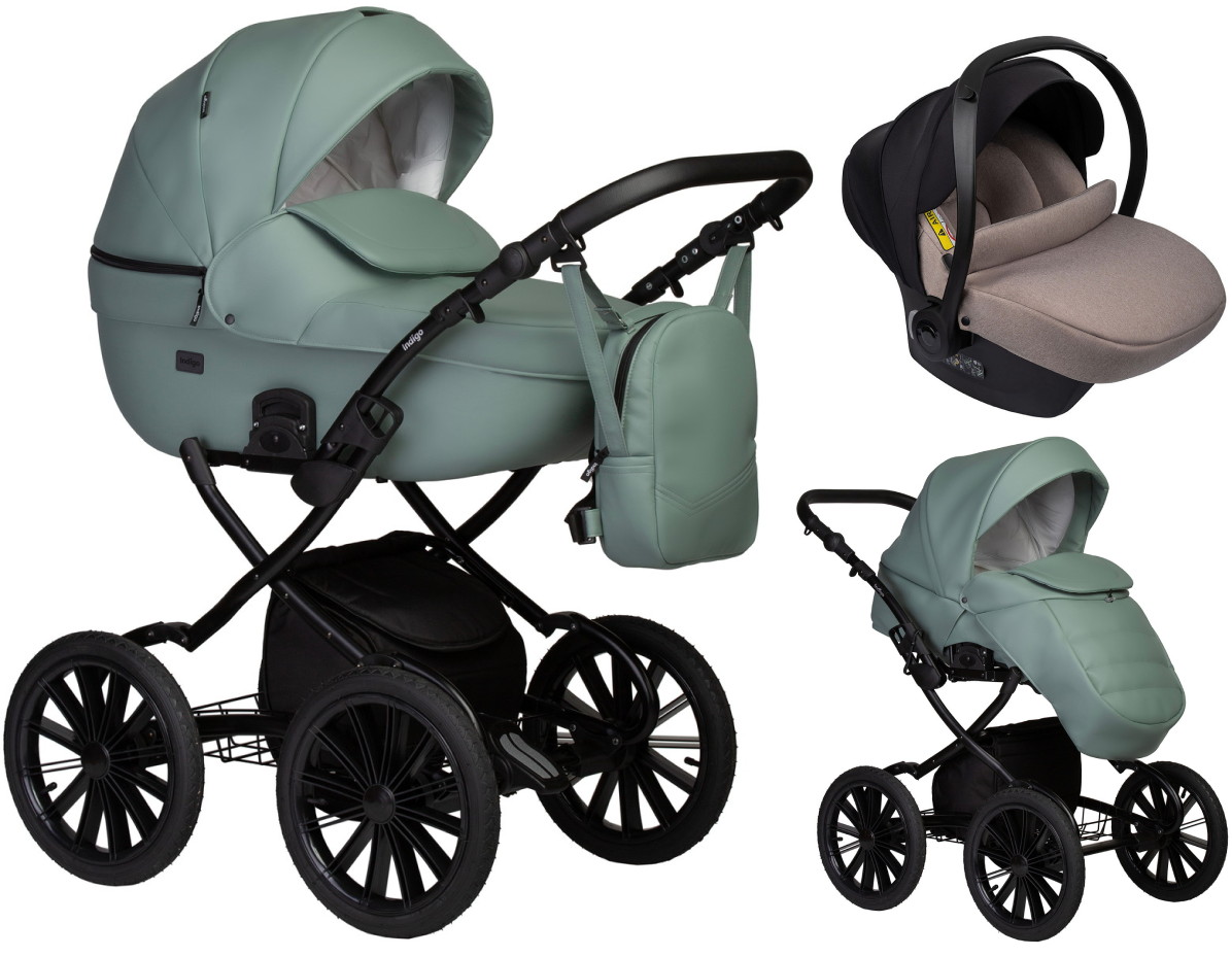 Детская коляска Indigo Mio Eco Plus 14 3 в 1 с автокреслом Avionaut Cosmo Beige 03 шалфей кожа