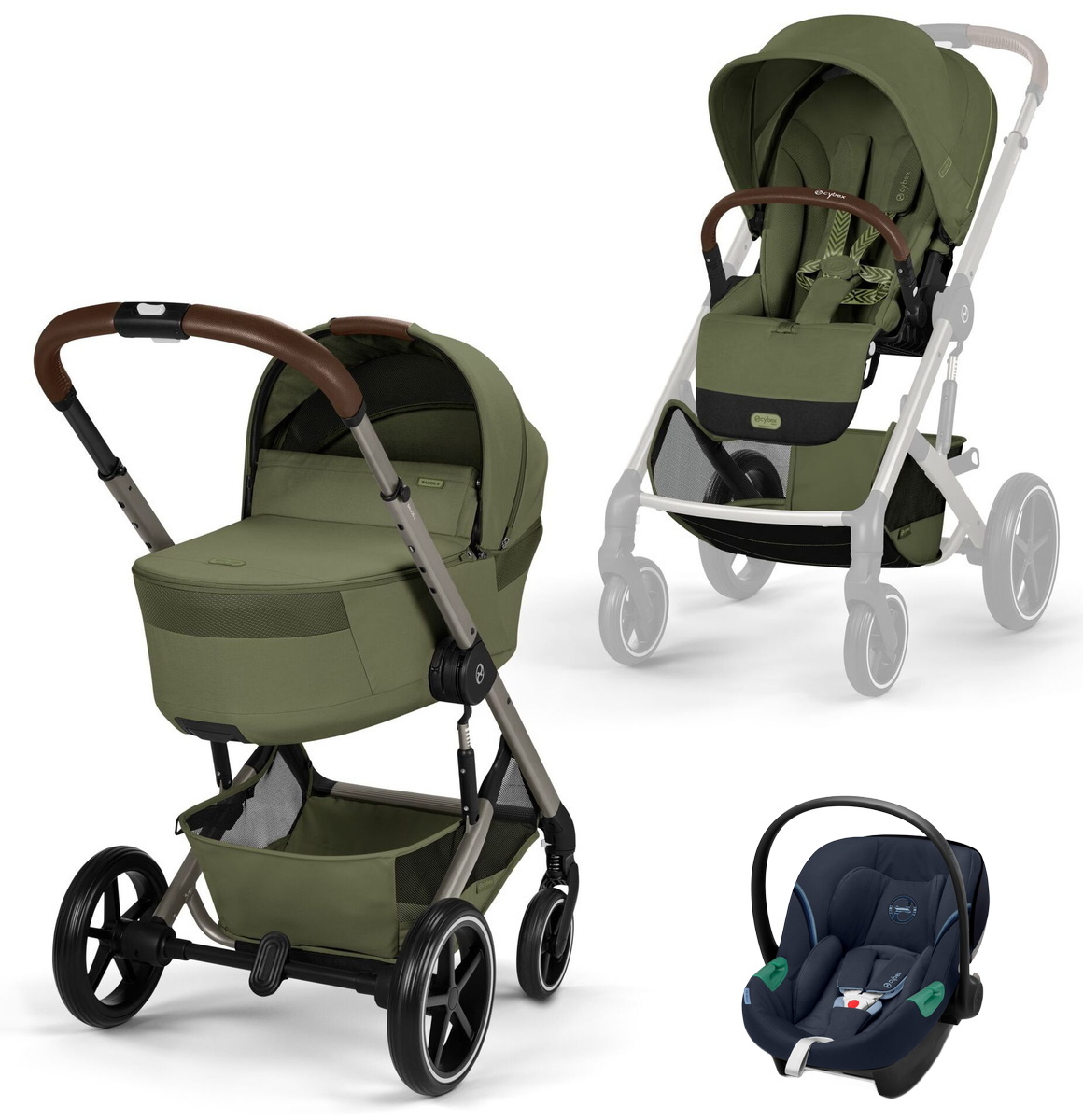 Коляска Cybex Balios S Lux Fold Cot TPE Aton S2 Ocean Blue 3 в 1 Moss Green с дождевиками