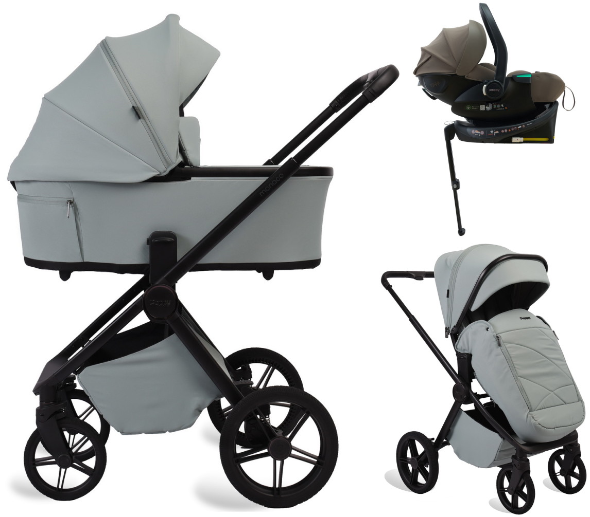 Детская коляска Peppy Monaco Plus 4 в 1 с автокреслом Jet Brown и базой Mint (мятный), рама черная