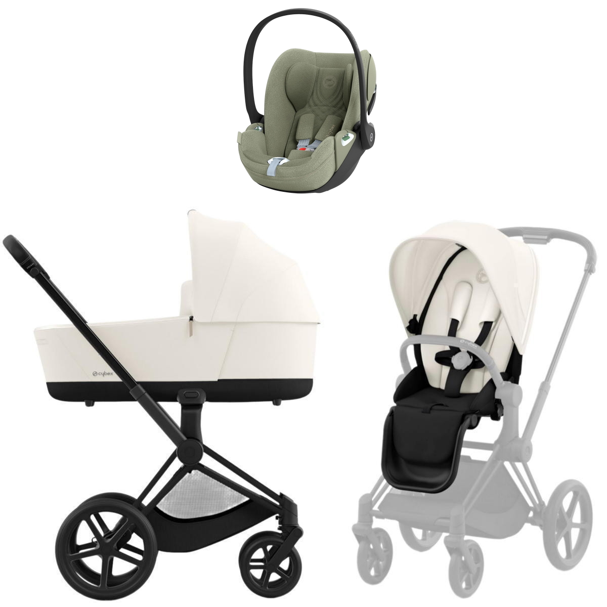 Коляска Cybex Priam IV Matt Black complete Cloud T Sage Green Plus 3 в 1 Off White
