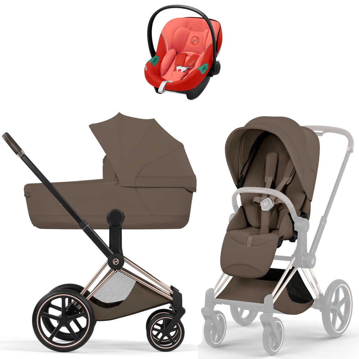 Коляска Cybex Priam V Rosegold Style Aton S2 Hibiscus Red 3 в 1 Coconut Brown