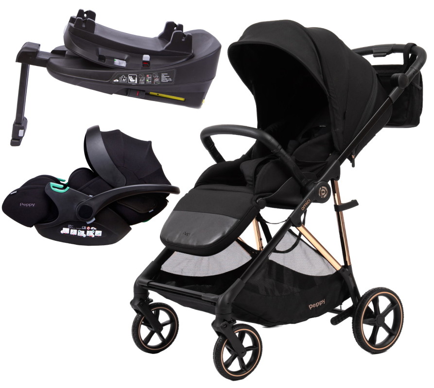 Прогулочная коляска Peppy Amici с автокреслом Verona Black и базой Black рама Gold