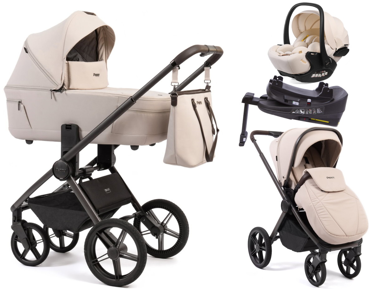Детская коляска Peppy Monaco Thermo 4 в 1 с автокреслом Verona Beige и базой Beige (молочный), рама серо-коричневая