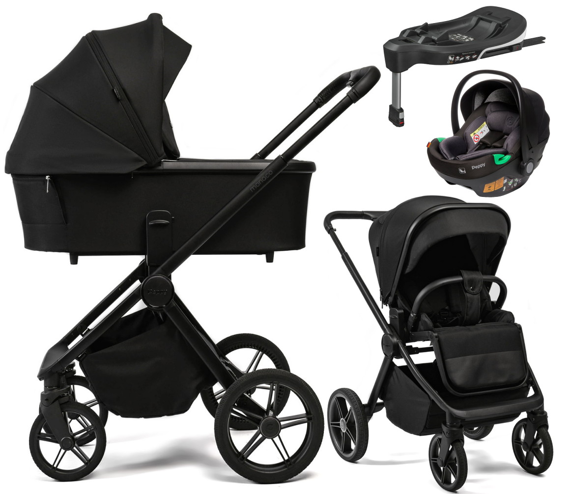 Детская коляска Peppy Monaco Plus 4 в 1 с автокреслом First Black и базой Black (черный), рама черная