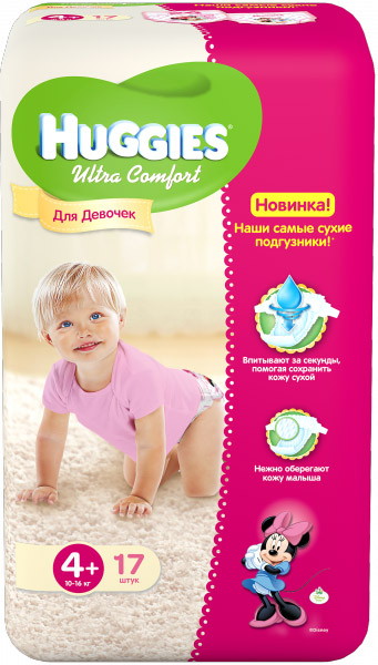 Подгузники Huggies Ultra Comfort (4+) для девочки 10-16 кг 17 шт