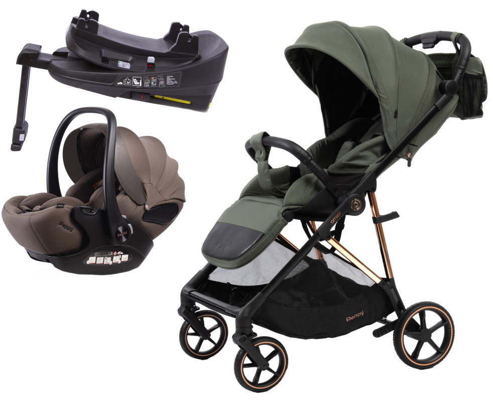 Прогулочная коляска Peppy Amici с автокреслом Verona Brown и базой Green рама Gold