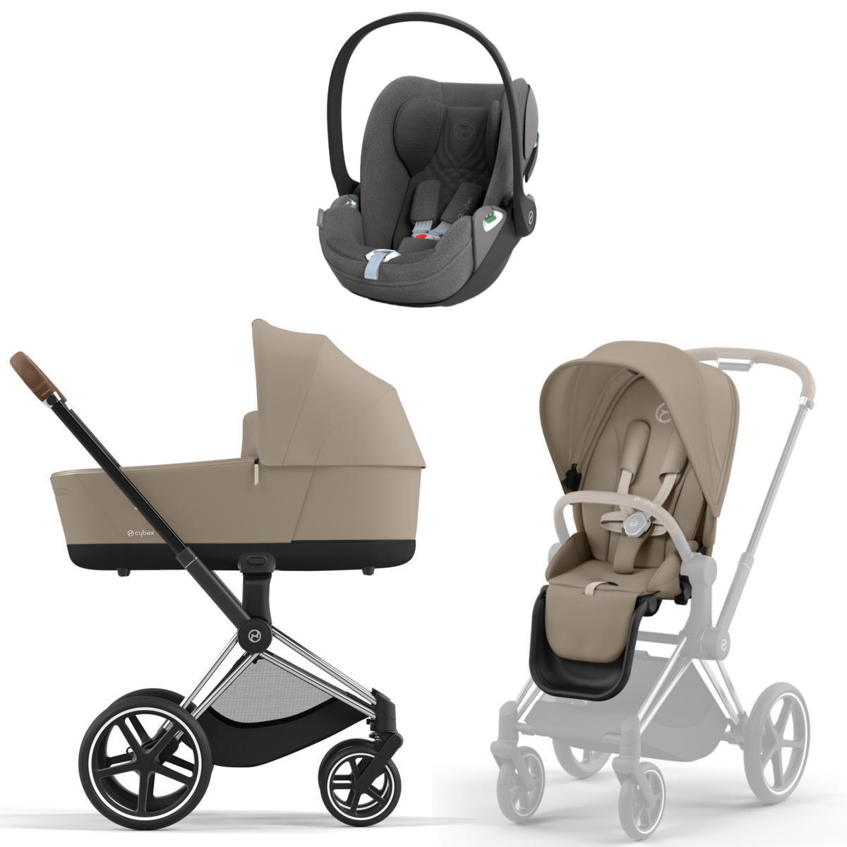 Коляска 3 в 1 Cybex Priam IV Chrome Brown complete и автокресло Cloud T i-Size Mirage Grey Plus Cozy Beige