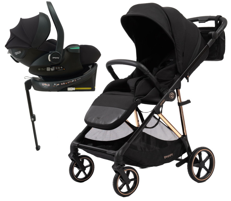 Прогулочная коляска Peppy Amici с автокреслом Jet Black и базой Black рама Gold