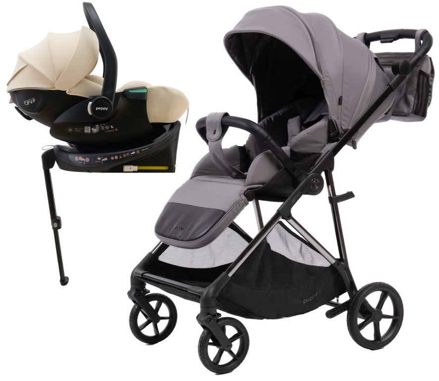 Прогулочная коляска Peppy Amici с автокреслом Jet Beige и базой Grey рама Black Chrome
