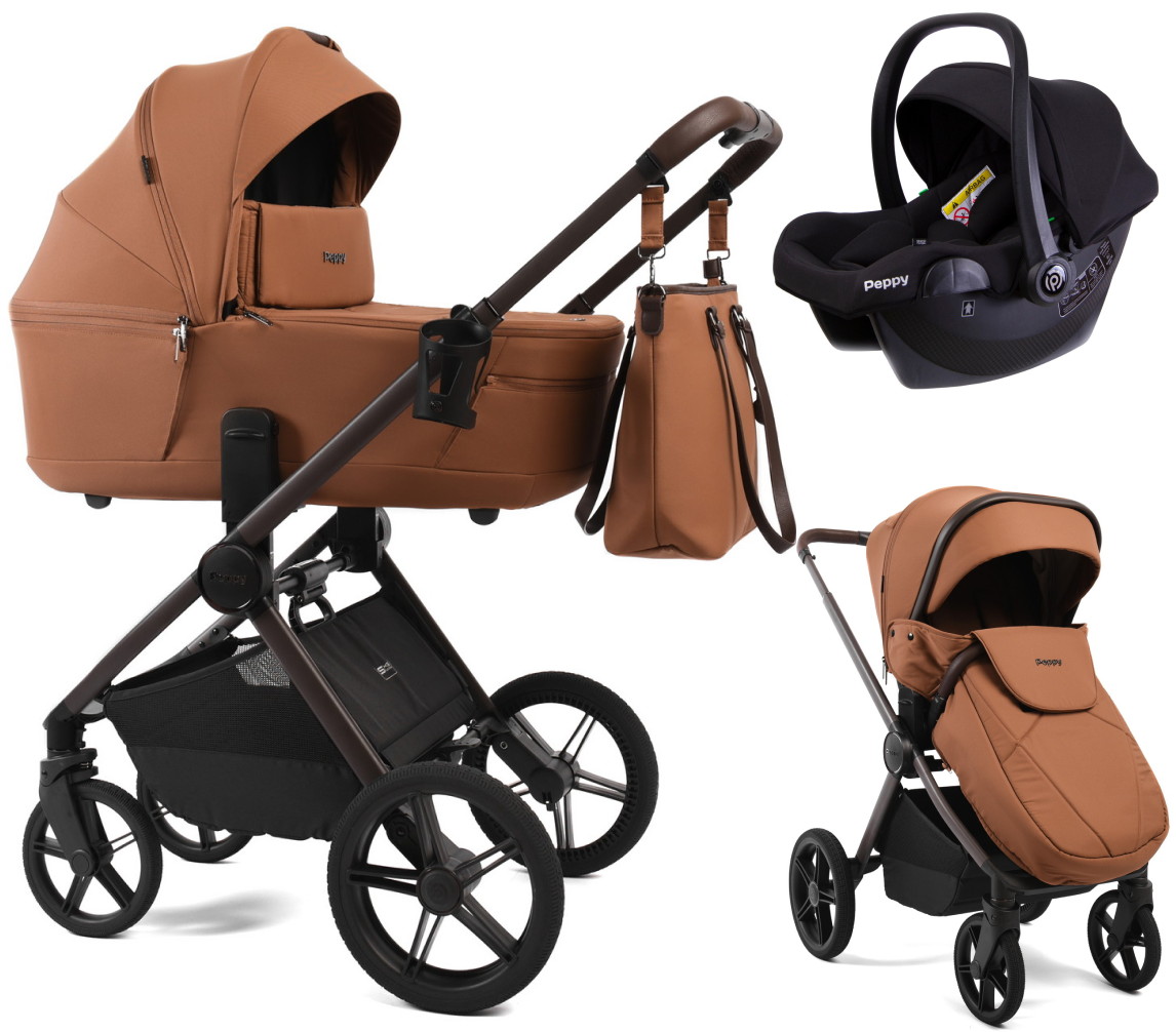 Детская коляска Peppy Monaco Thermo 3 в 1 с автокреслом Rise Black Biscuit (бисквит), рама серо-коричневая