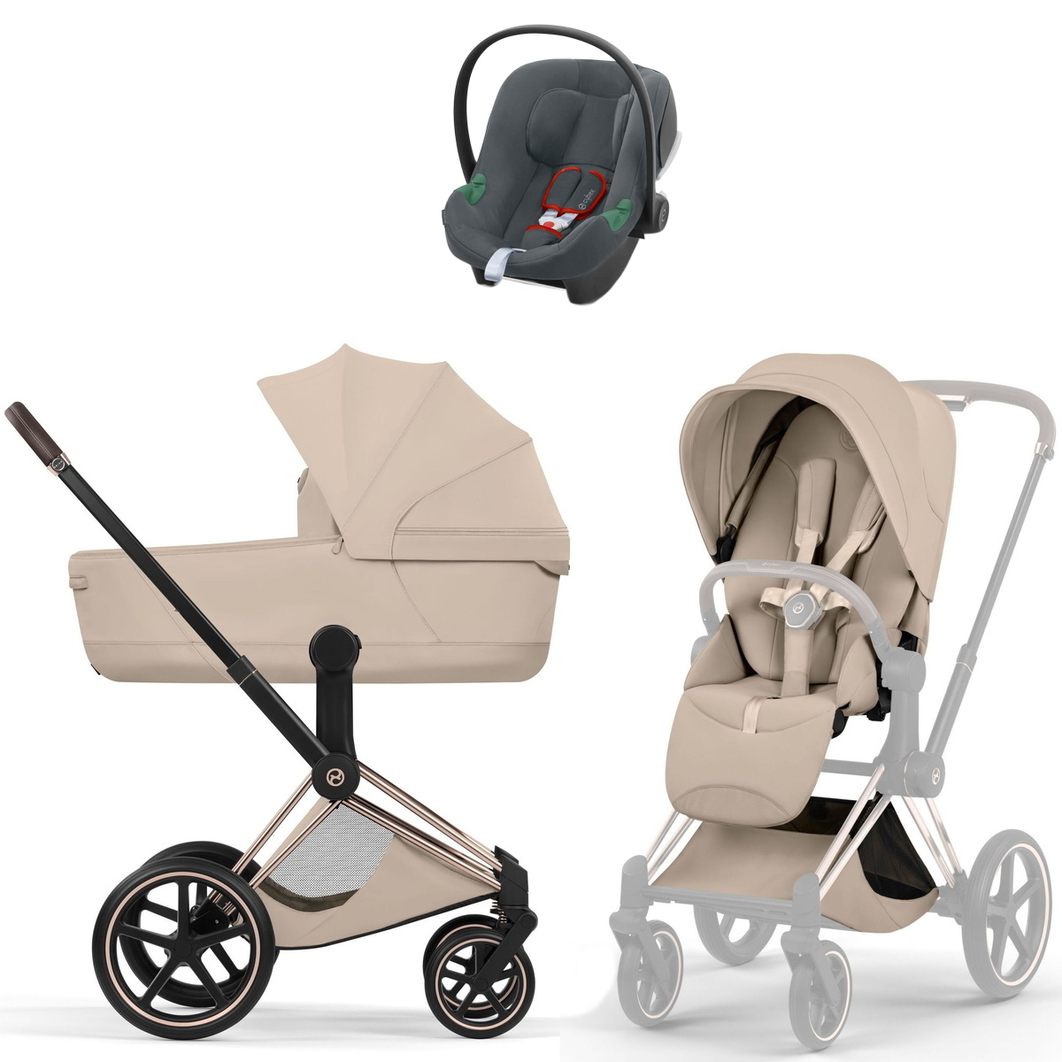 Коляска Cybex Priam V Rosegold Style Aton B2 Steel Grey 3 в 1 Cozy Beige