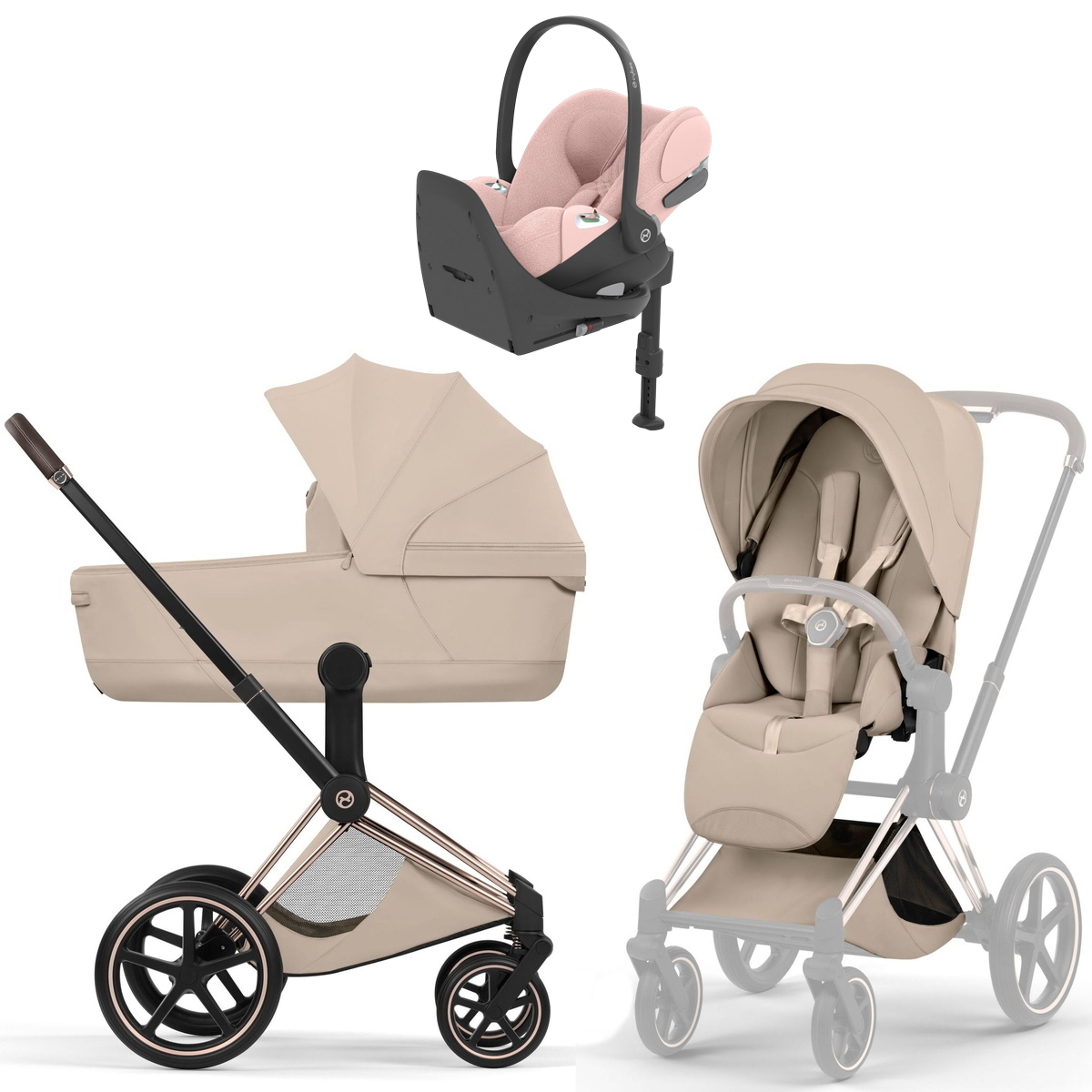 Коляска Cybex Priam V Rosegold Style Cloud T Peach Pink Plus Base T 4 в 1 Cozy Beige
