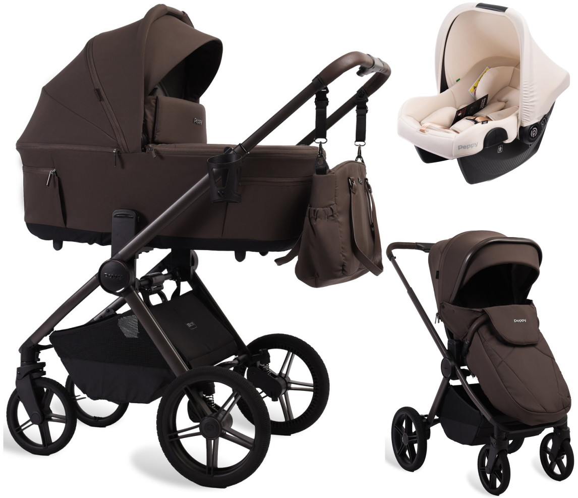 Детская коляска Peppy Soho 3 в 1 с автокреслом Rise Milk Brown (коричневый), рама серо-бежевый