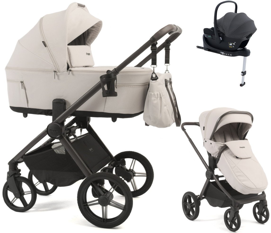 Детская коляска Peppy Soho 4 в 1 с автокреслом Jovikids Aria Black и базой Taupe (бежевый), рама серо-бежевый