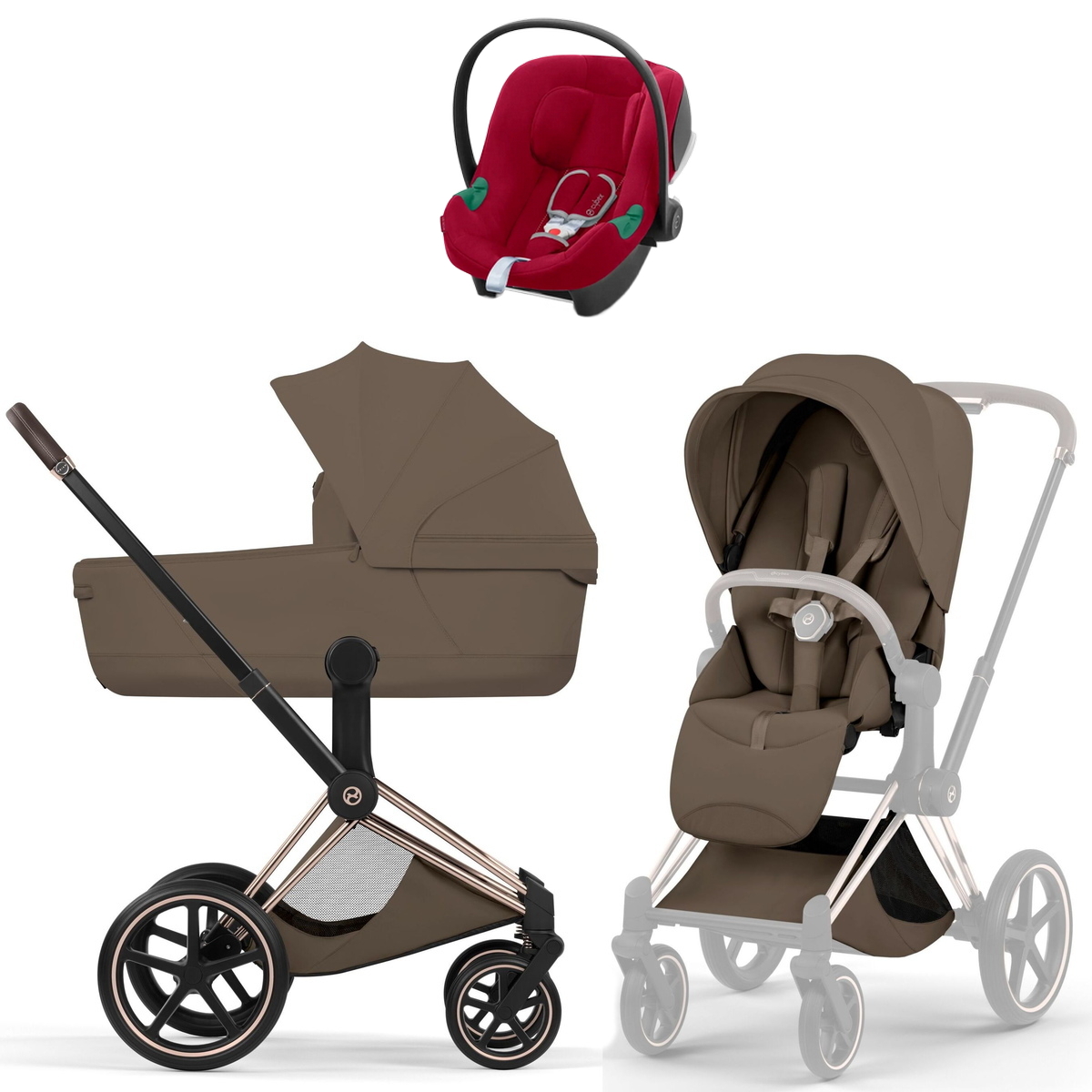 Коляска Cybex Priam V Rosegold Style Aton B2 Dynamic Red 3 в 1 Coconut Brown