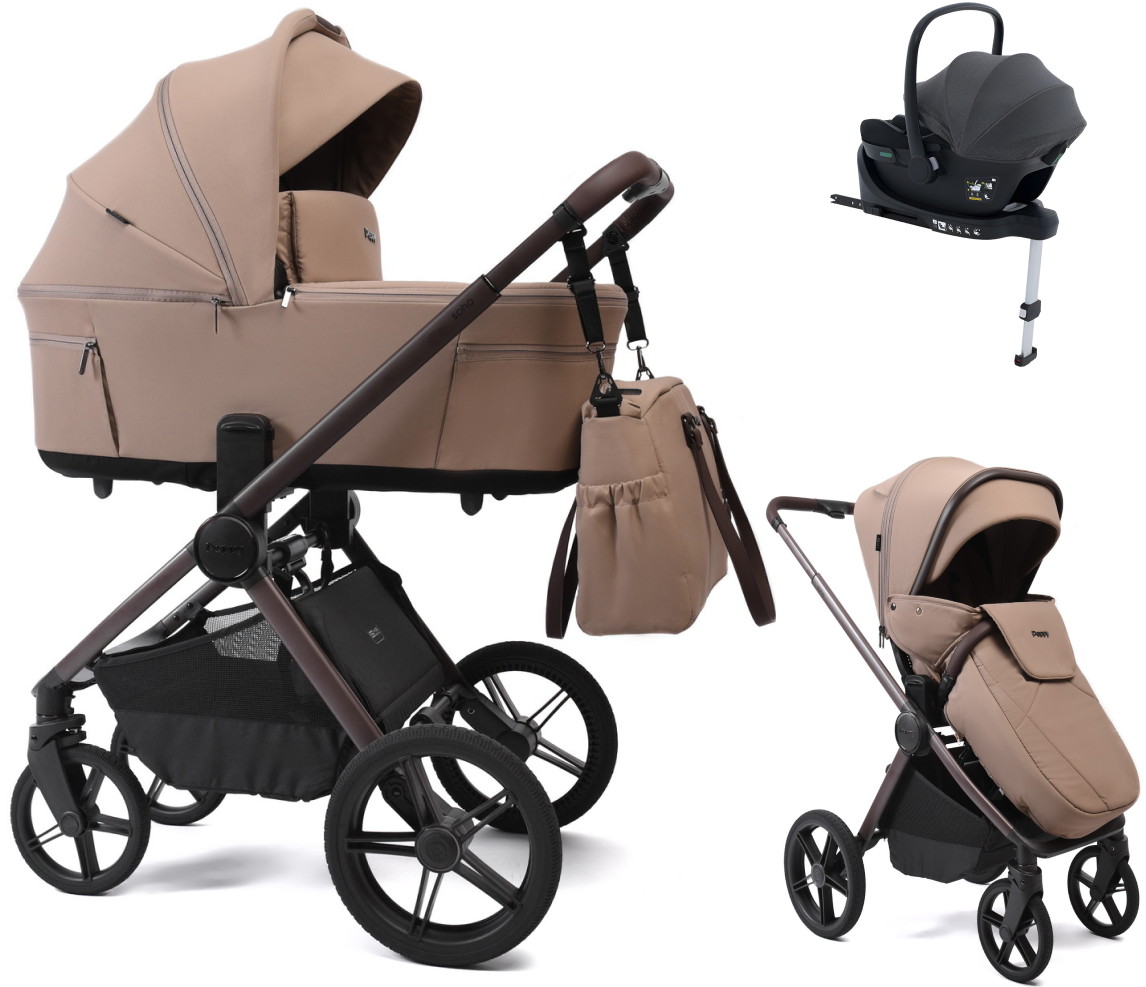 Детская коляска Peppy Soho 4 в 1 с автокреслом Jovikids Aria Black и базой Sand (песочный) рама шоколад