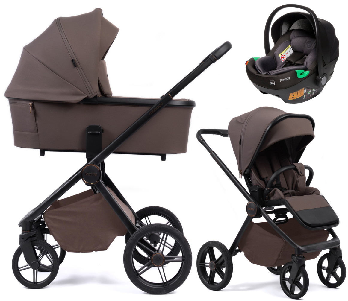 Детская коляска Peppy Monaco Plus 3 в 1 с автокреслом First Black Brownie (коричневый), рама черная