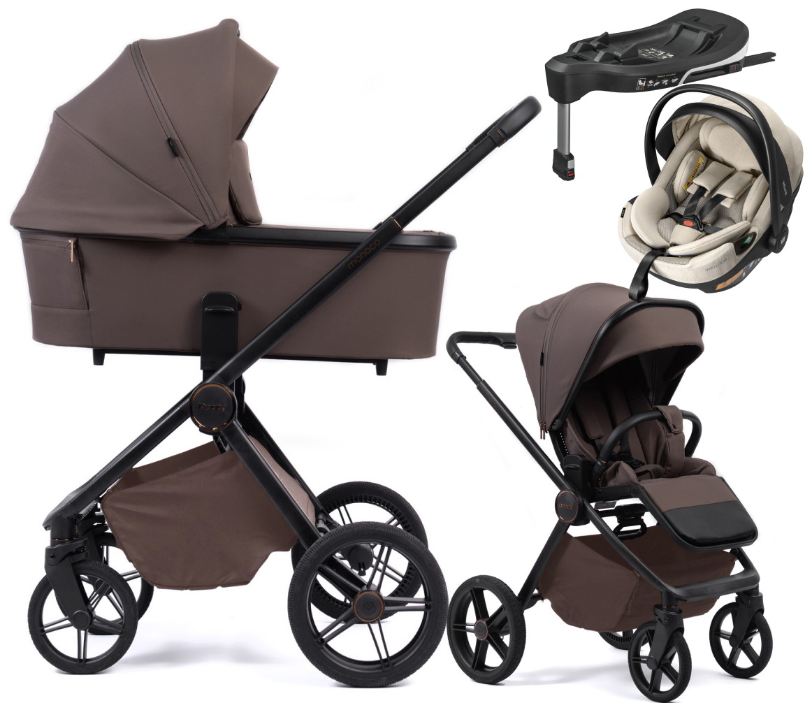 Детская коляска Peppy Monaco Plus 4 в 1 с автокреслом Welldon Crown 2 и базой Brownie (коричневый), рама черная