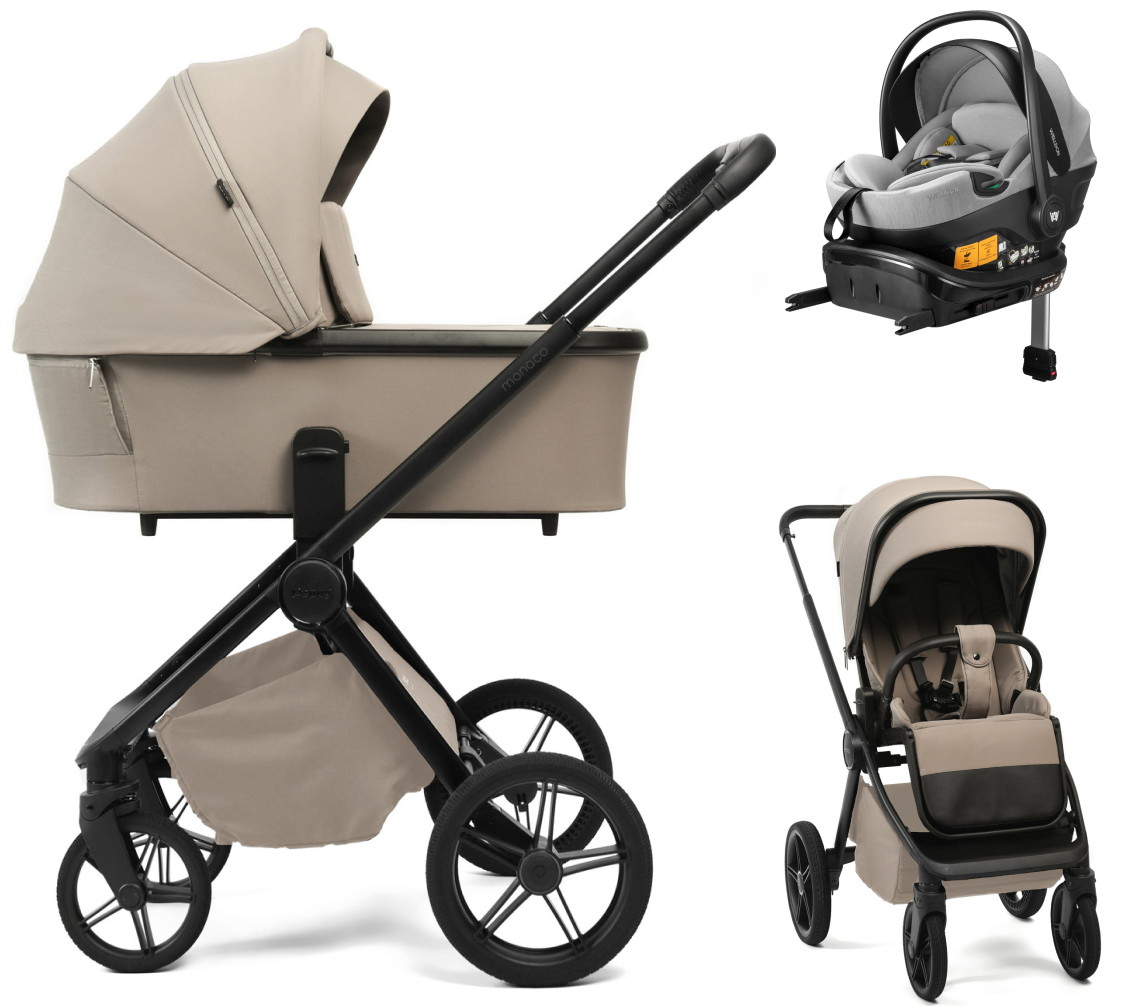 Детская коляска Peppy Monaco Plus 4 в 1 с автокреслом Welldon Crown 2 Grey и базой Sandstone (песочный), рама черная