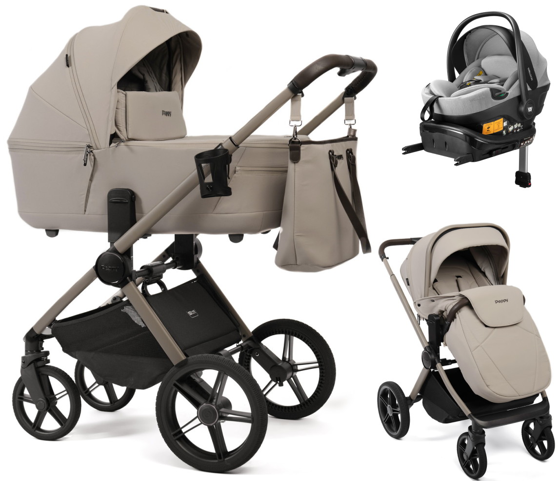 Детская коляска Peppy Monaco Thermo 4 в 1 с автокреслом Welldon Crown 2 Grey и базой Latte (бежевый), рама бежевая