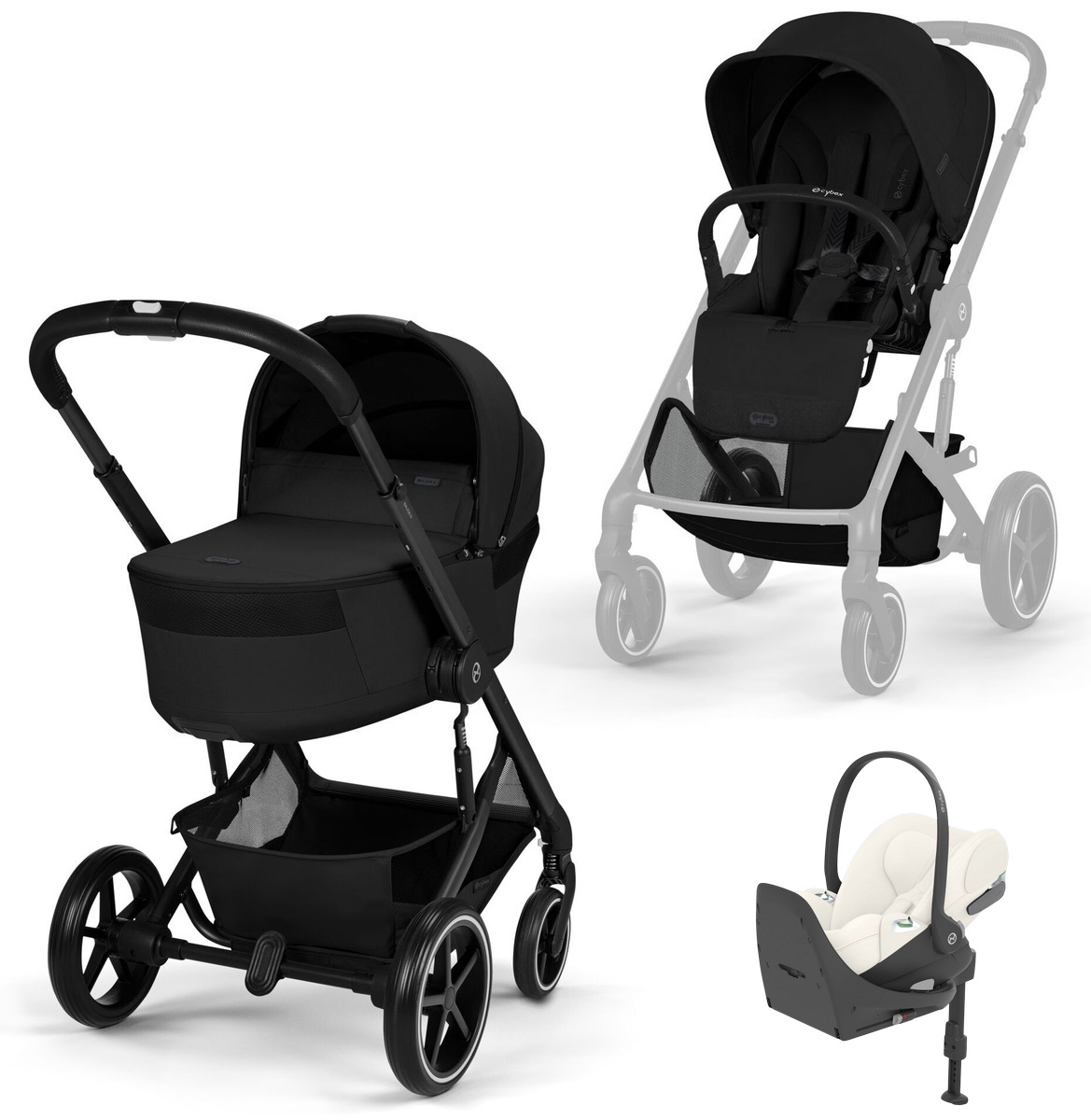 Коляска Cybex Balios S Lux Fold Cot BLK Cloud T Off White Plus Base T 4 в 1 Moon Black с дождевиками
