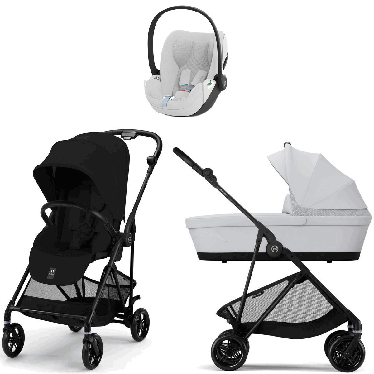 Коляска Cybex Melio Carbon Cloud T i-Size Platinum White Plus 3 в 1 Magic Black с дождевиком/Fog Grey