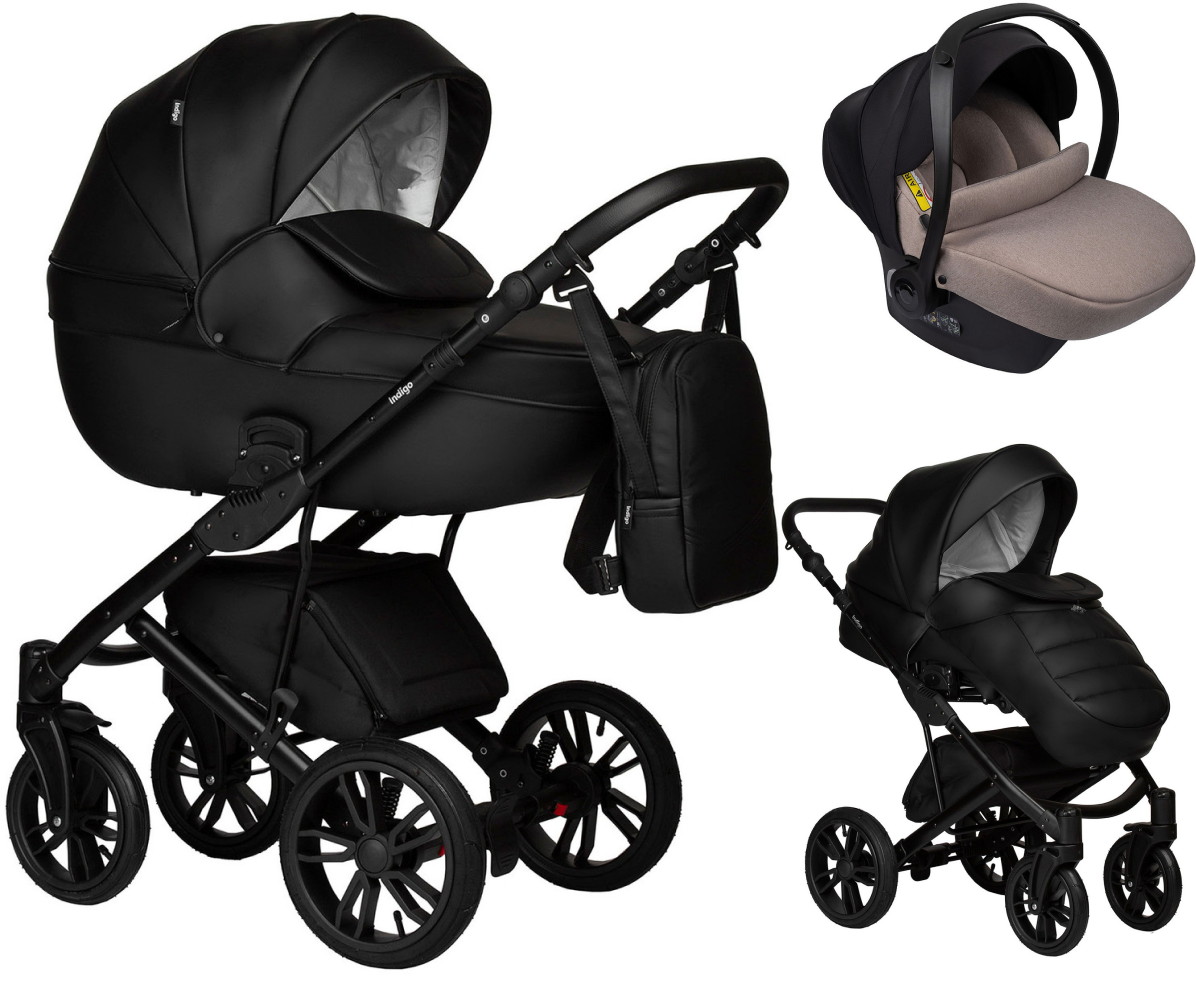 Детская коляска Indigo Mio Eco 3 в 1 с автокреслом Avionaut Cosmo Beige 01 черная кожа