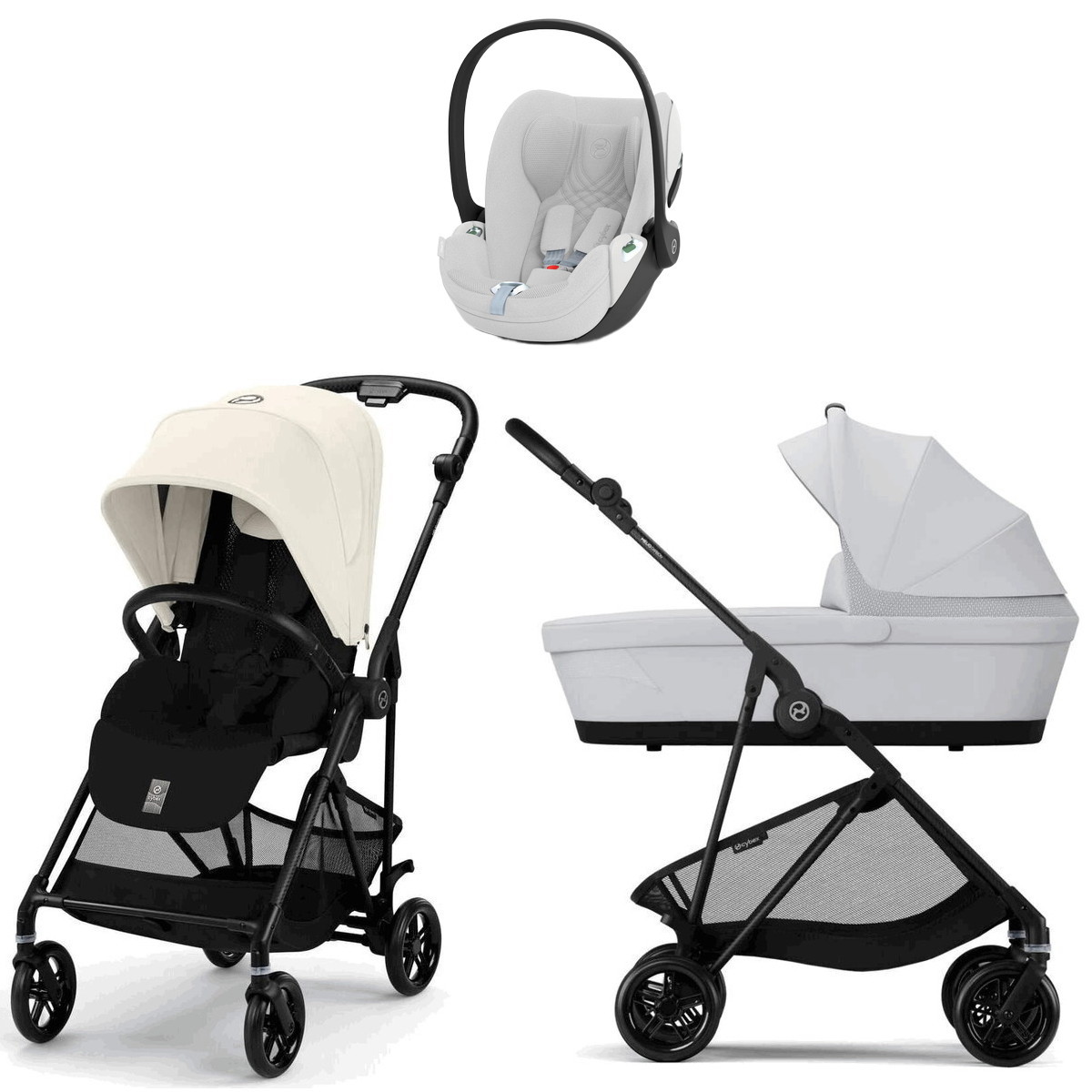 Коляска Cybex Melio Carbon Cloud T i-Size Platinum White Plus 3 в 1 Canvas White с дождевиком/Fog Grey
