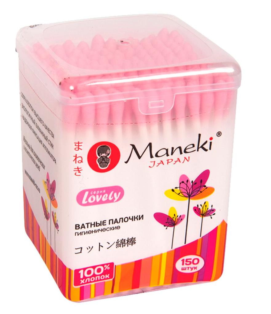 Палочки ватные гигиенические Maneki Lovely с розов. бумаж. стиком 150 шт.