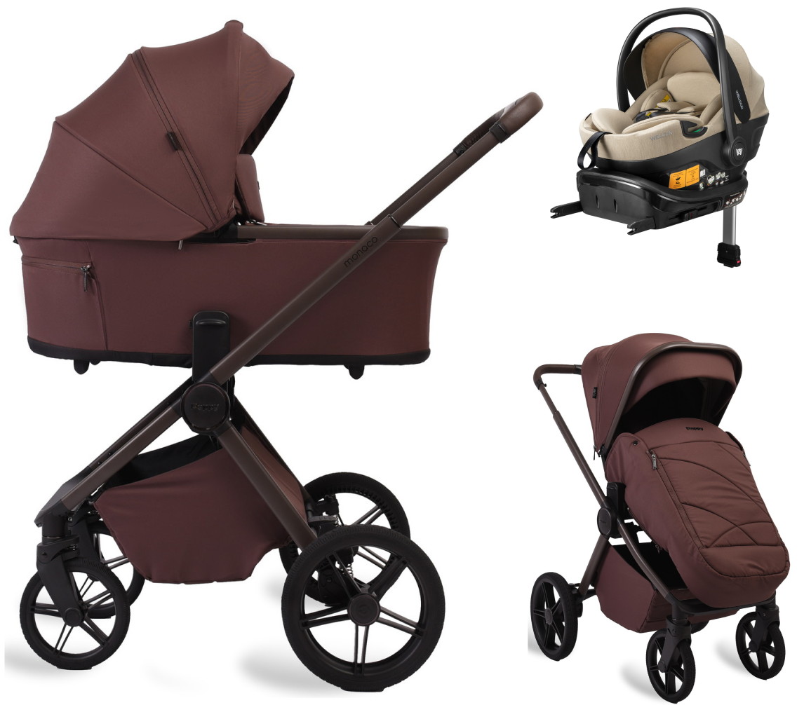 Детская коляска Peppy Monaco Plus 4 в 1 с автокреслом Welldon Crown 2 Beige и базой Burgundy (винный), рама коричневая