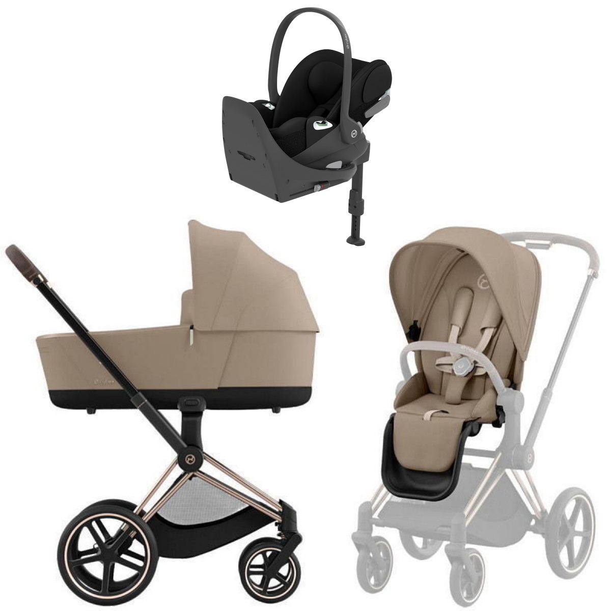 Коляска Cybex Priam IV Rosegold complete Cloud T Sepia Black Base T 3 в 1 Cozy Beige