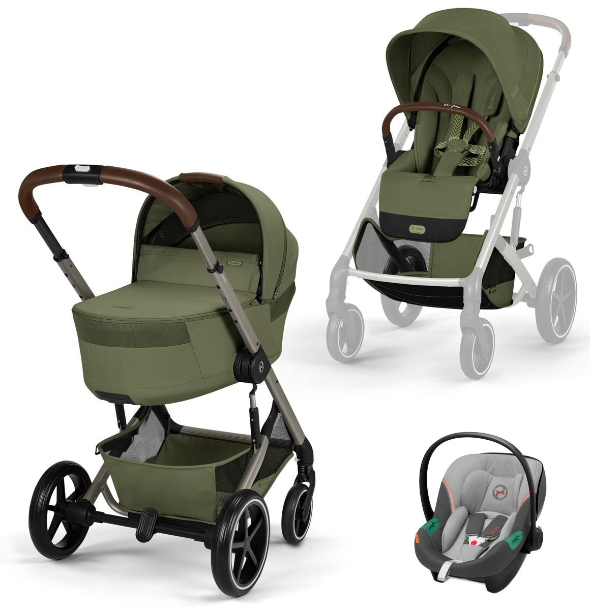 Коляска Cybex Balios S Lux Fold Cot TPE Aton S2 Lava Grey 3 в 1 Moss Green с дождевиками