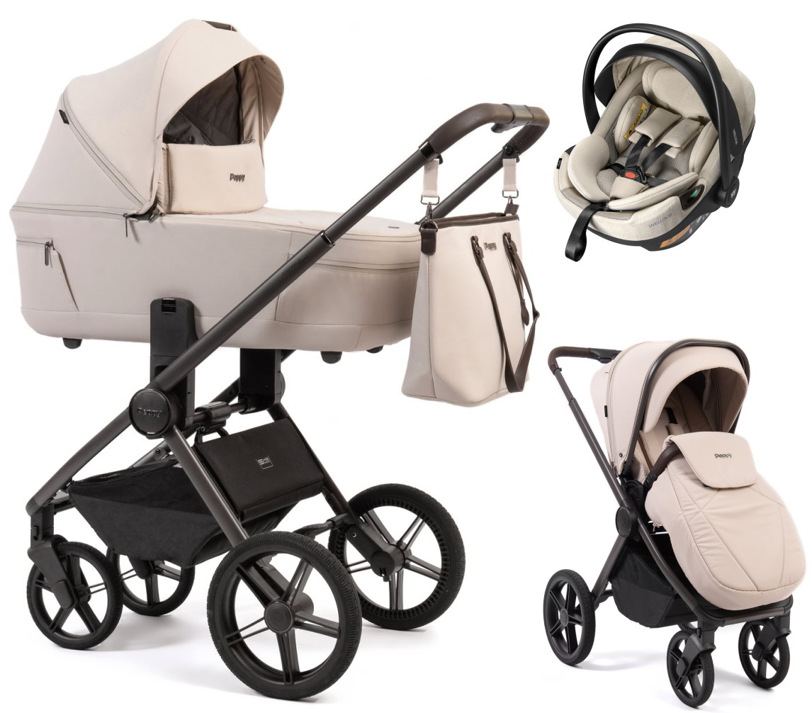 Детская коляска Peppy Monaco Thermo 3 в 1 с автокреслом Welldon Crown 2 Beige (молочный), рама серо-коричневая