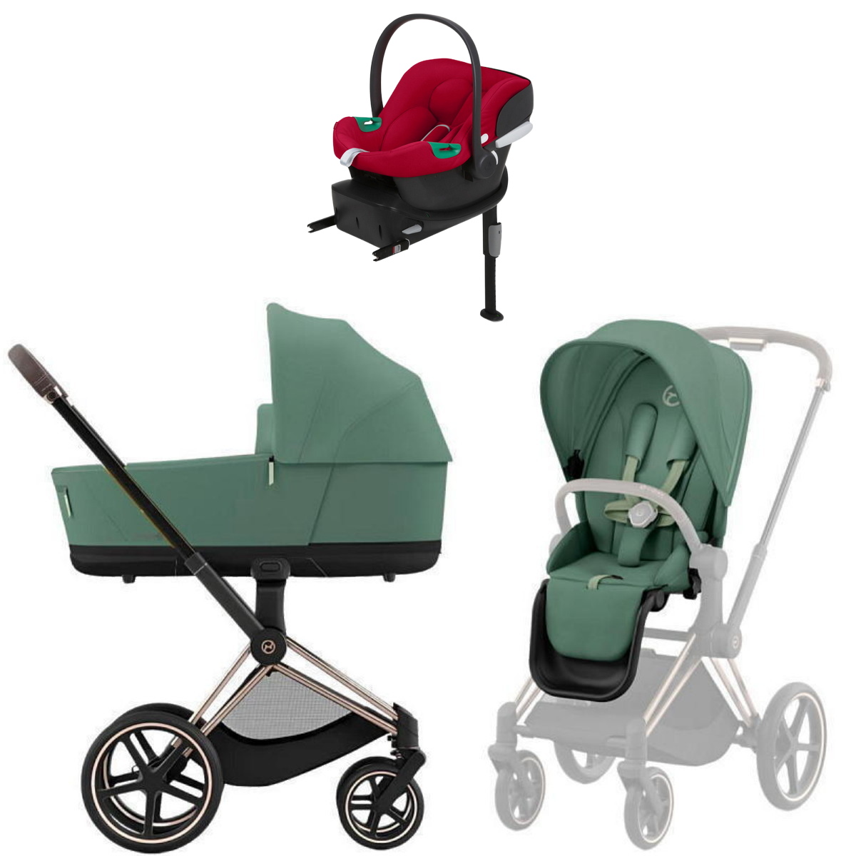 Коляска Cybex Priam IV Rosegold complete Aton B2 Dynamic Red Base One 3 в 1 Leaf Green
