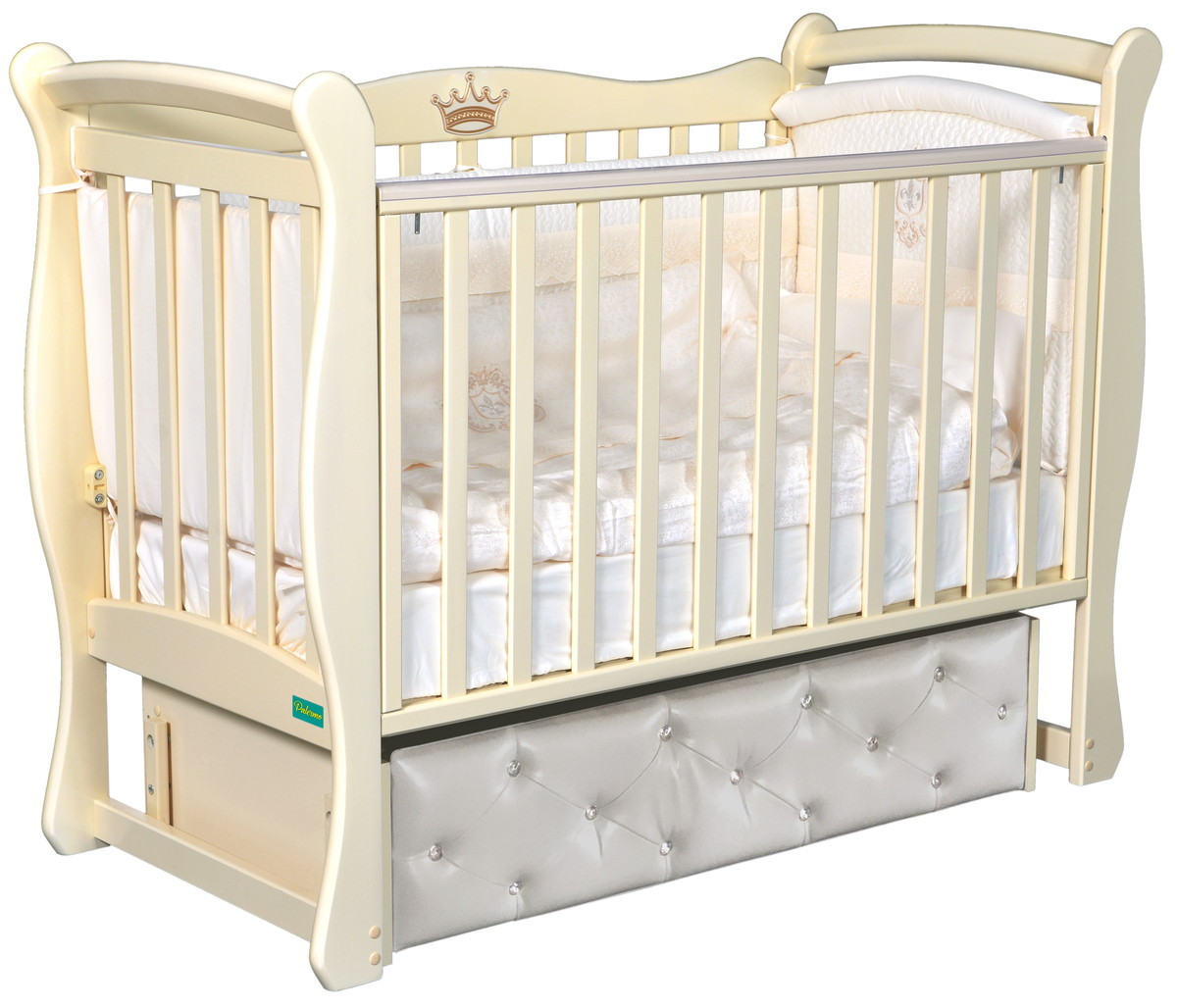Детская кроватка Palermo Ariel Premium с маятником, мягкий фасад слоновая кость