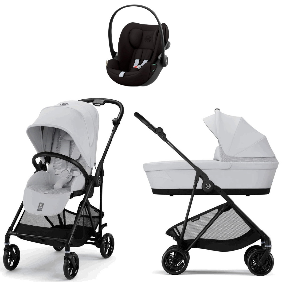 Коляска Cybex Melio Carbon Cloud G i-Size Magic Black 3 в 1 Fog Grey с дождевиком