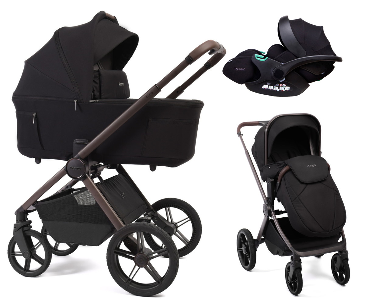 Детская коляска Peppy Soho 3 в 1 с автокреслом Verona Black Black (черный) рама шоколад