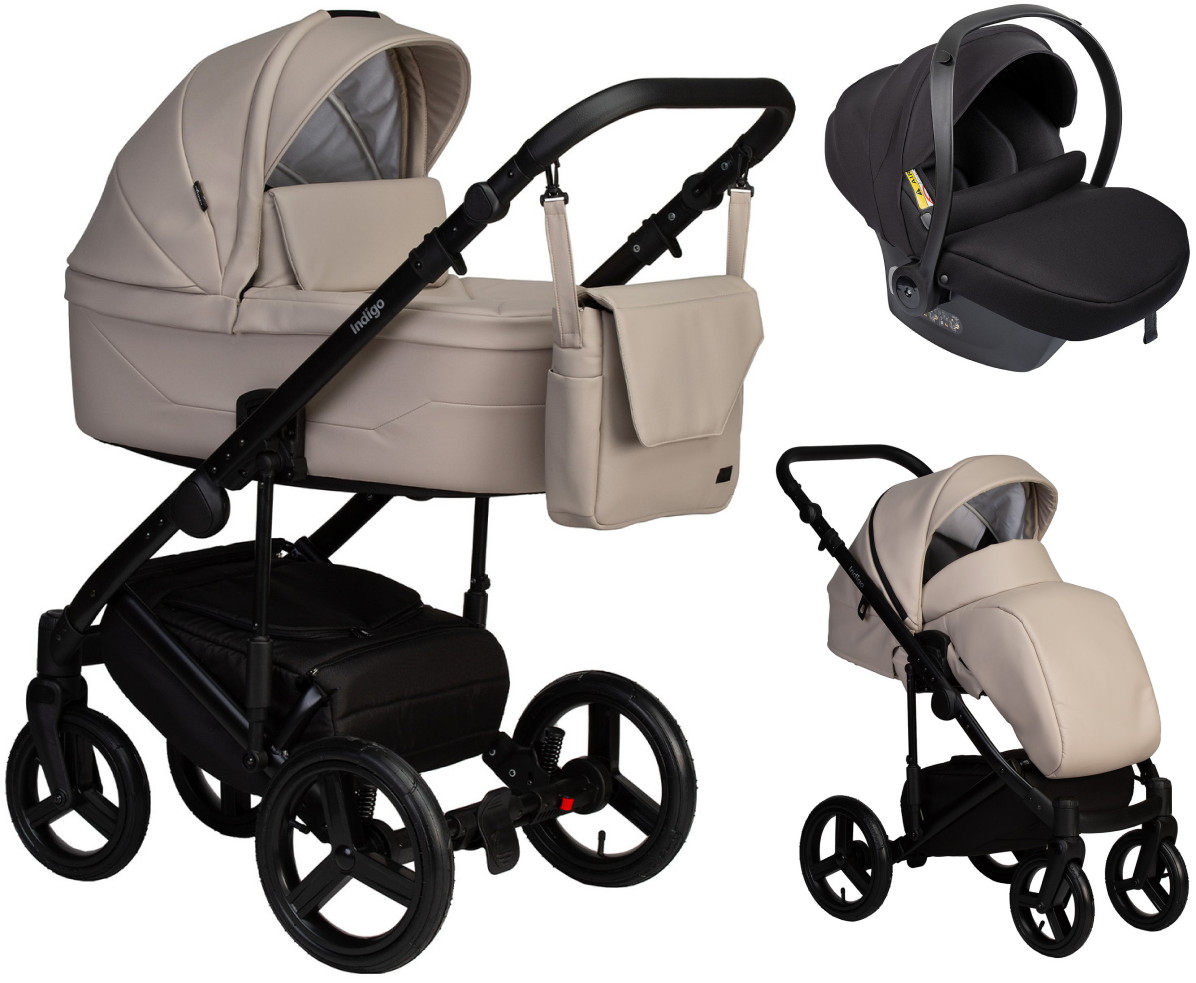 Детская коляска Indigo Lamar 3 в 1 с автокреслом Avionaut Cosmo Black La02 св.бежевая кожа